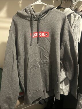 Nike Gray Hoodie with Red 'Just Do It.' Box Logo